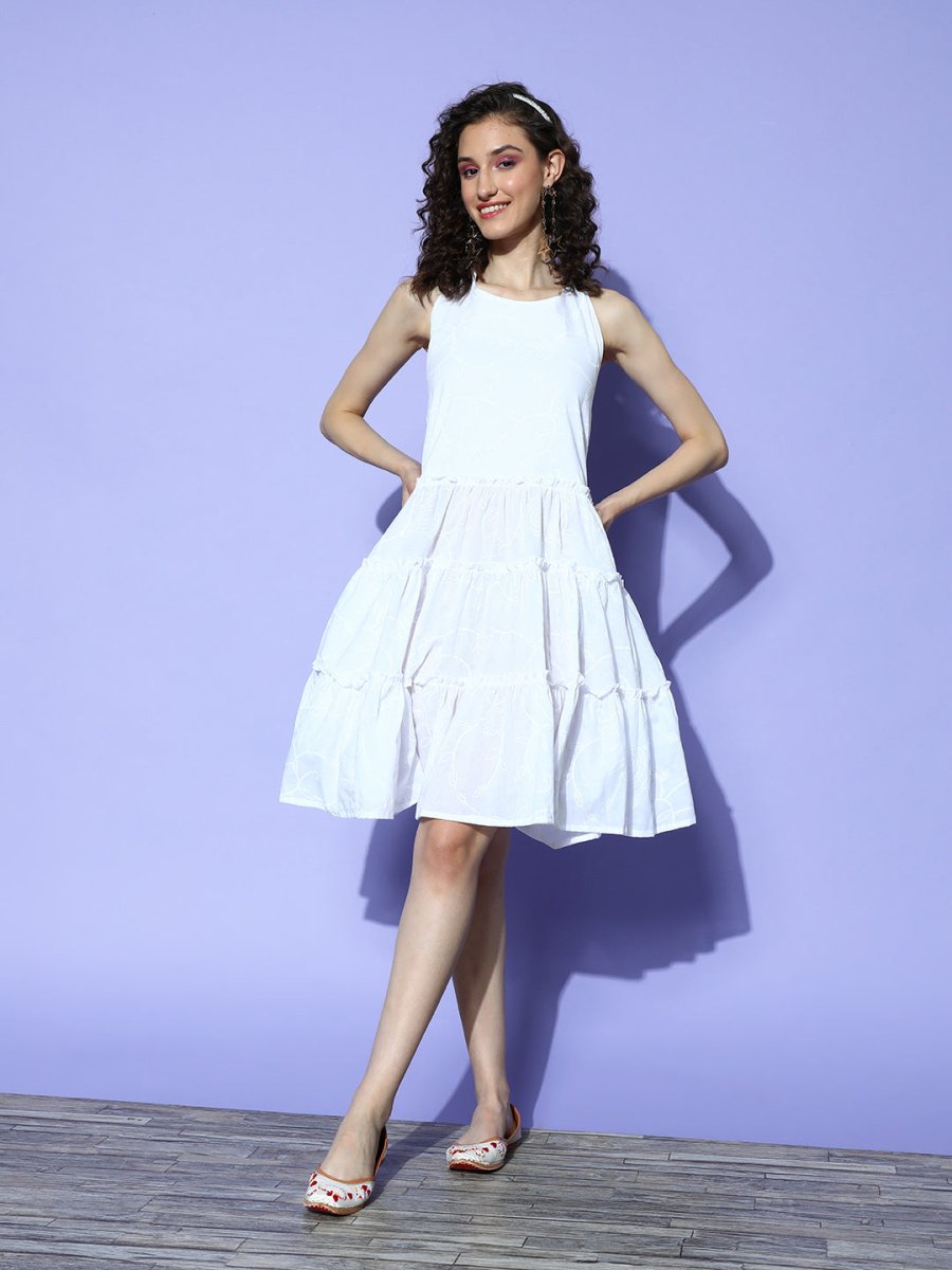 Ahalyaa White Floral Printed Halter Neck Tiered Ethnic Dress