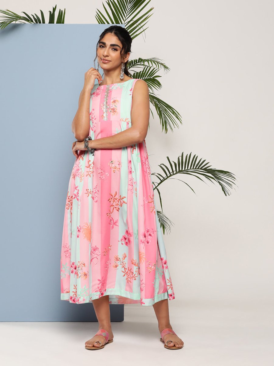 Ahalyaa Women Floral Printed Empire Midi Ethnic Dress