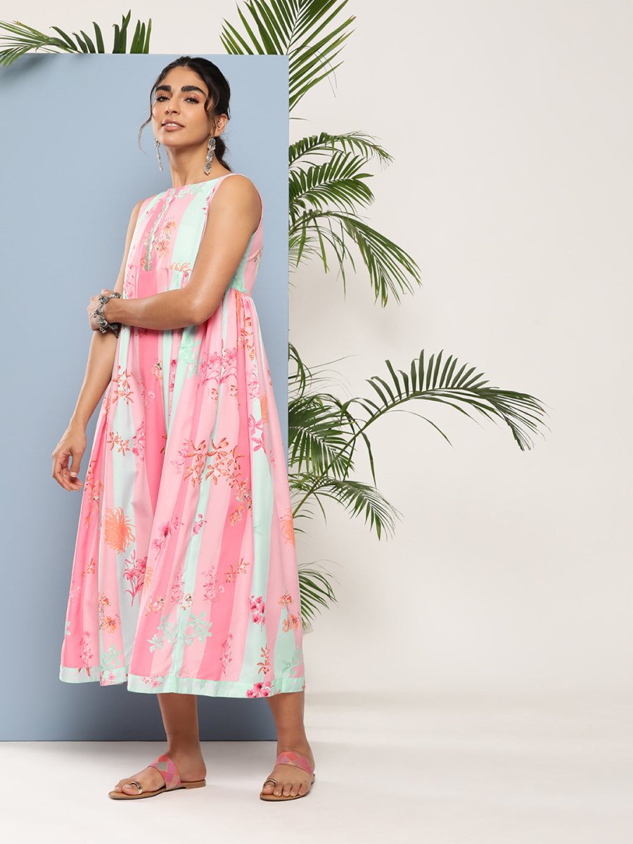 Ahalyaa Women Floral Printed Empire Midi Ethnic Dress