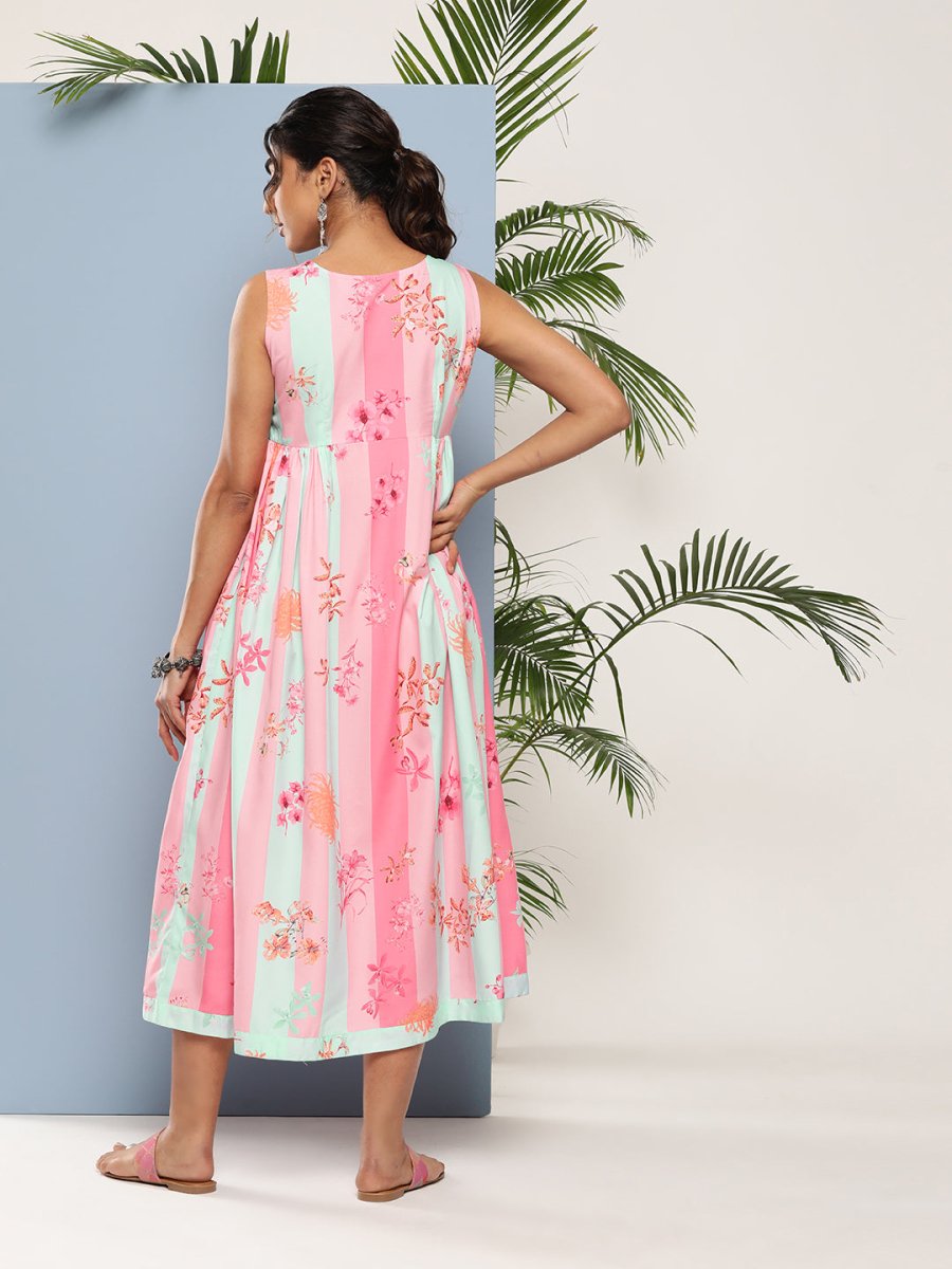 Ahalyaa Women Floral Printed Empire Midi Ethnic Dress