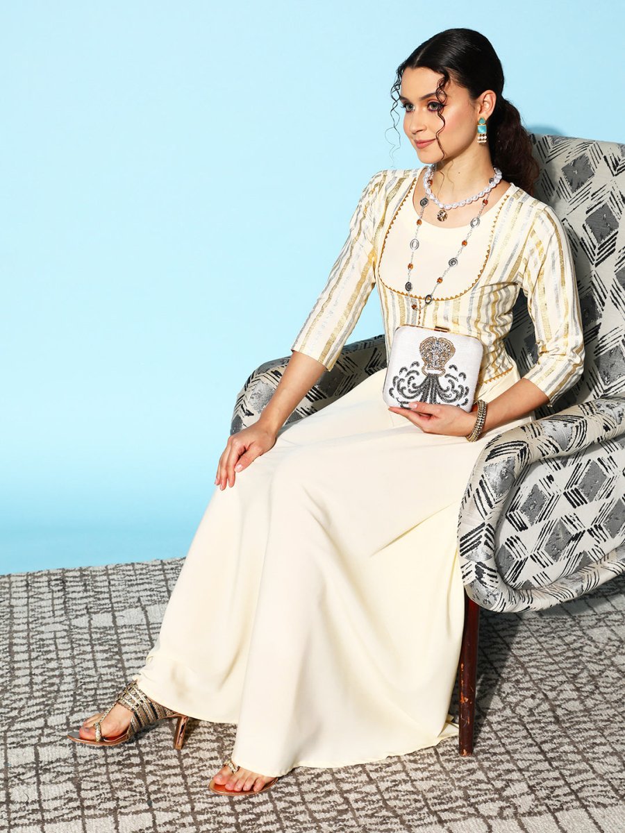 Ahalyaa Women Striped Crepe Maxi Ethnic Dress With Gotta Patti Detail