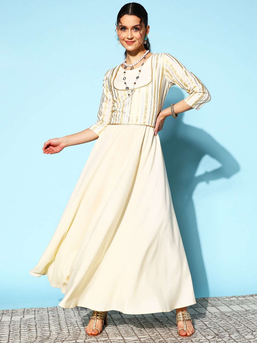 Ahalyaa Women Striped Crepe Maxi Ethnic Dress With Gotta Patti Detail