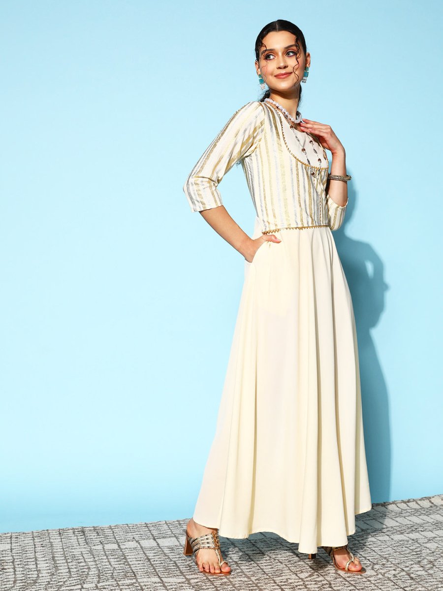 Ahalyaa Women Striped Crepe Maxi Ethnic Dress With Gotta Patti Detail