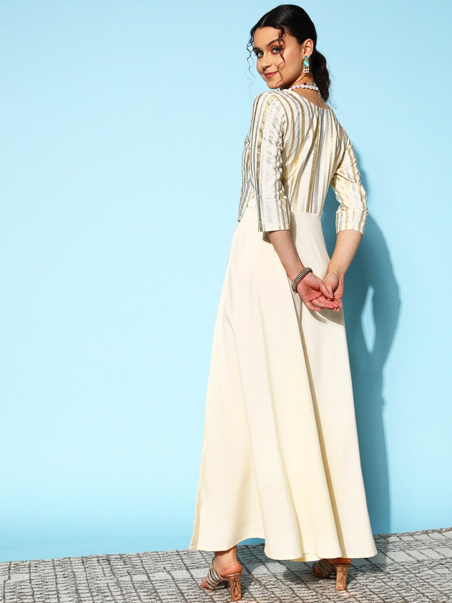Ahalyaa Women Striped Crepe Maxi Ethnic Dress With Gotta Patti Detail