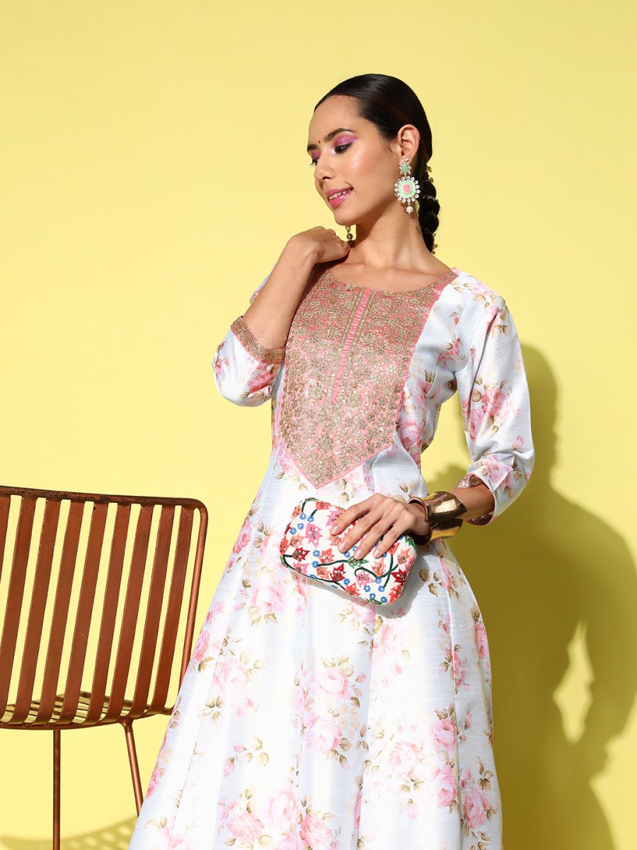 Ahalyaa Embroidered Floral Printed Ethnic A-Line Maxi Dress