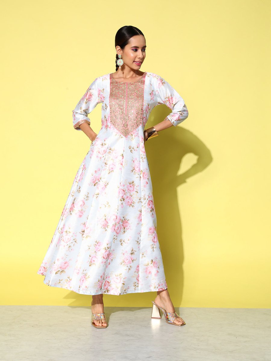 Ahalyaa Embroidered Floral Printed Ethnic A-Line Maxi Dress