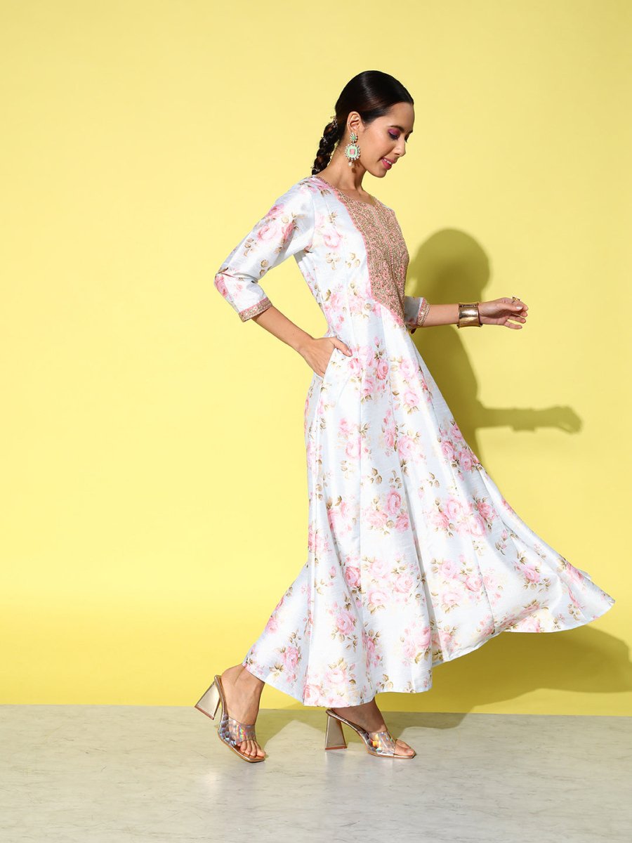 Ahalyaa Embroidered Floral Printed Ethnic A-Line Maxi Dress