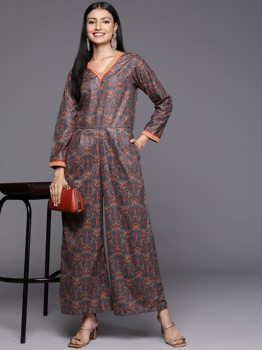 Ahalyaa Grey & Brown Velvet Printed Basic Jumpsuit with Pocket