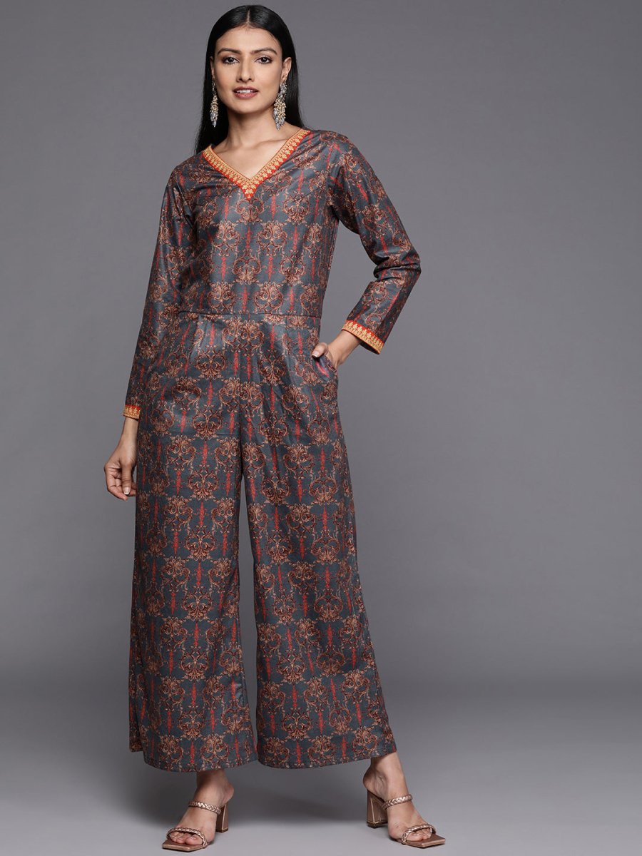 Ahalyaa Grey & Brown Velvet Printed Basic Jumpsuit with Pocket