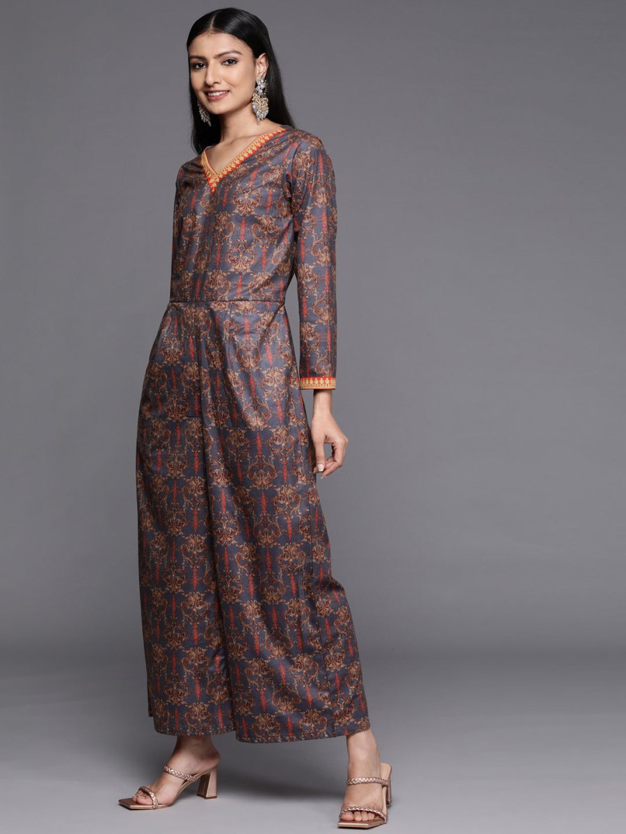 Ahalyaa Grey & Brown Velvet Printed Basic Jumpsuit with Pocket
