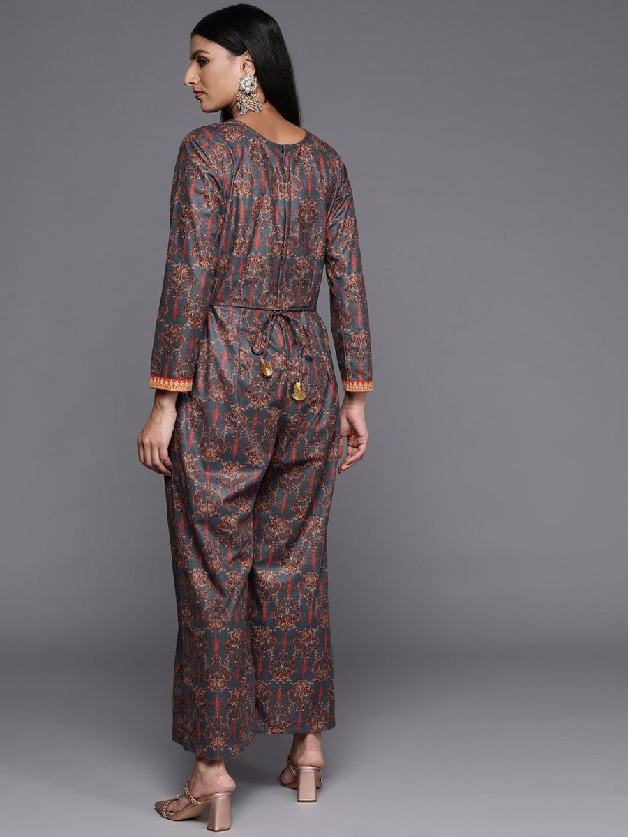Ahalyaa Grey & Brown Velvet Printed Basic Jumpsuit with Pocket