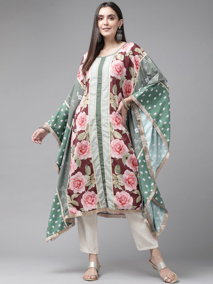 Ahalyaa Women Green & Pink Floral Printed Flared Sleeves Gotta Patti Floral Crepe Kaftan Kurta