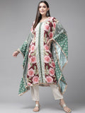 Ahalyaa Women Green & Pink Floral Printed Flared Sleeves Gotta Patti Floral Crepe Kaftan Kurta