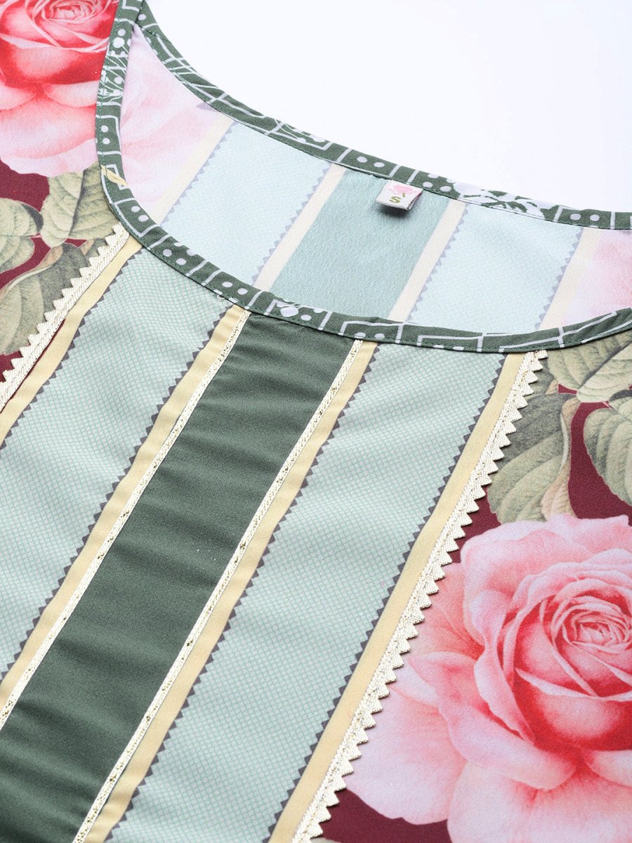 Ahalyaa Women Green & Pink Floral Printed Flared Sleeves Gotta Patti Floral Crepe Kaftan Kurta