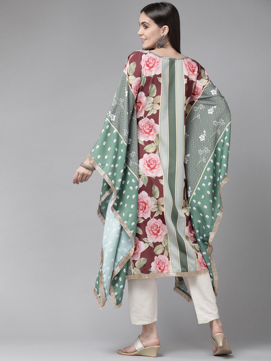 Ahalyaa Women Green & Pink Floral Printed Flared Sleeves Gotta Patti Floral Crepe Kaftan Kurta