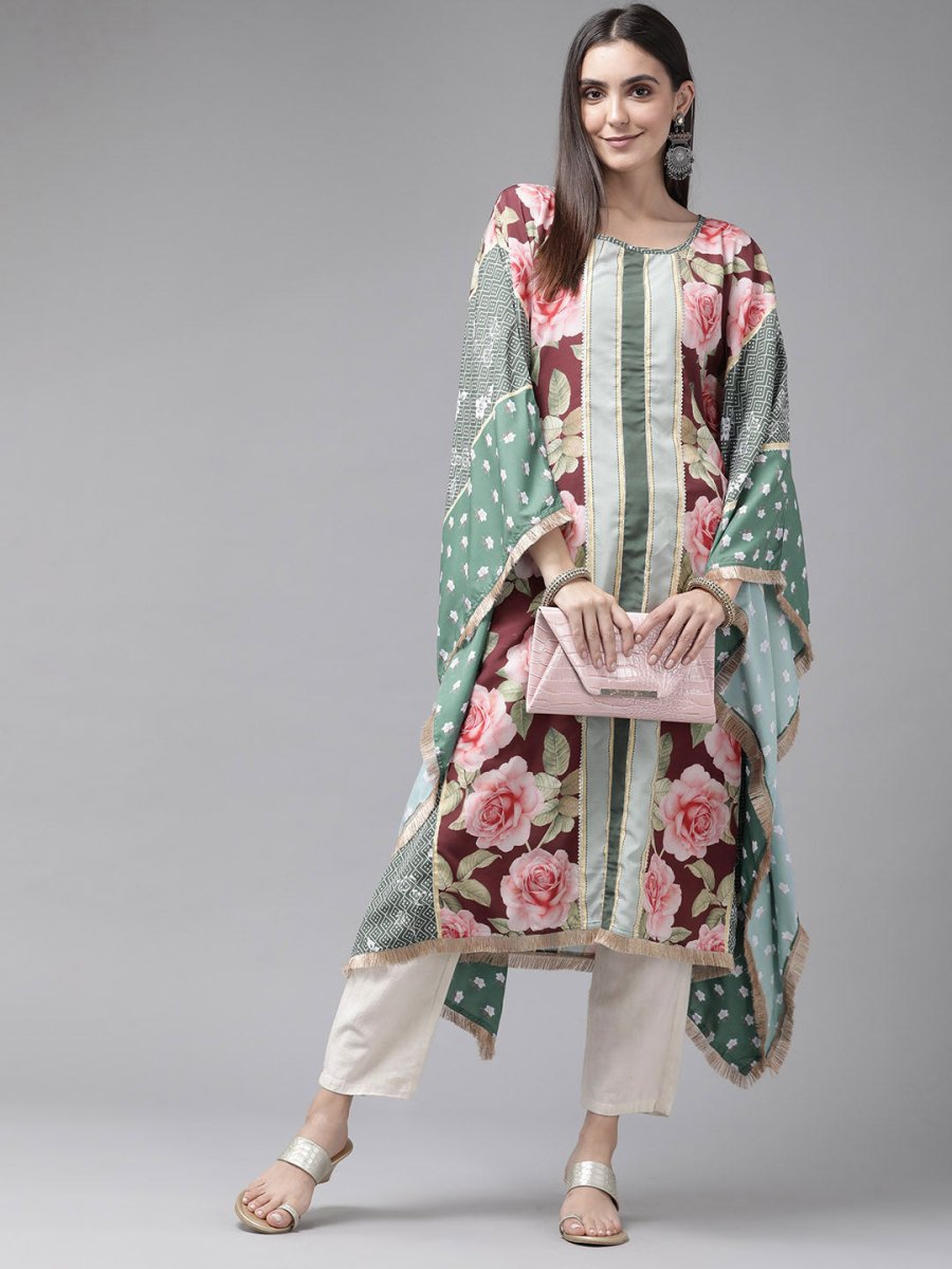 Ahalyaa Women Green & Pink Floral Printed Flared Sleeves Gotta Patti Floral Crepe Kaftan Kurta