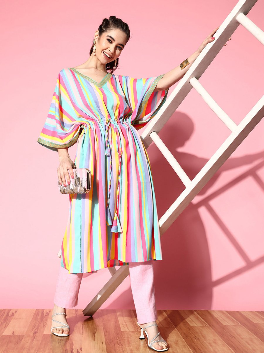 Ahalyaa Women Striped Flared Sleeves Crepe Kaftan Kurta