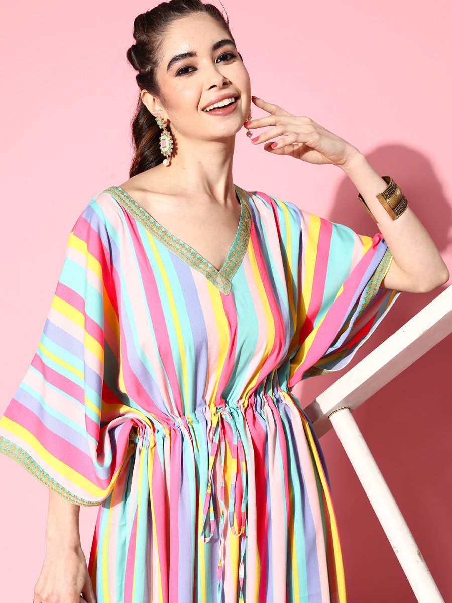 Ahalyaa Women Striped Flared Sleeves Crepe Kaftan Kurta