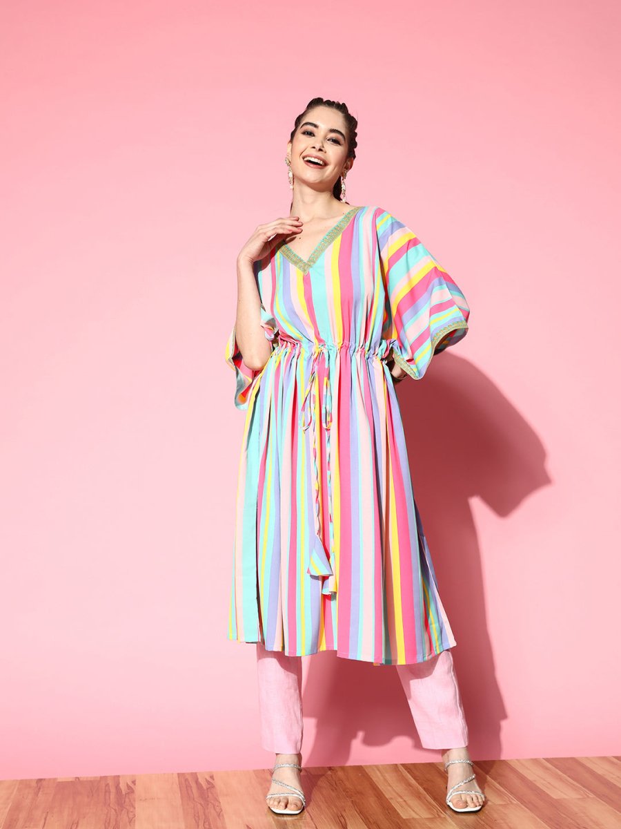 Ahalyaa Women Striped Flared Sleeves Crepe Kaftan Kurta