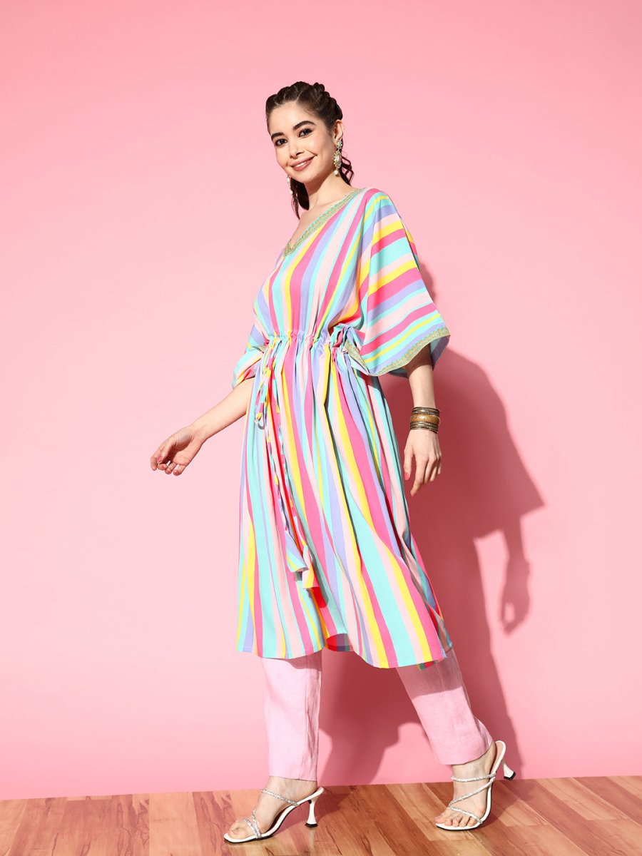 Ahalyaa Women Striped Flared Sleeves Crepe Kaftan Kurta