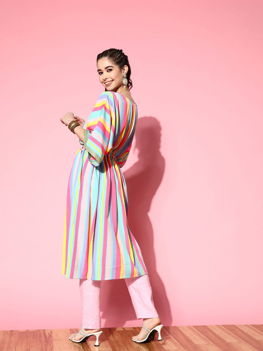 Ahalyaa Women Striped Flared Sleeves Crepe Kaftan Kurta