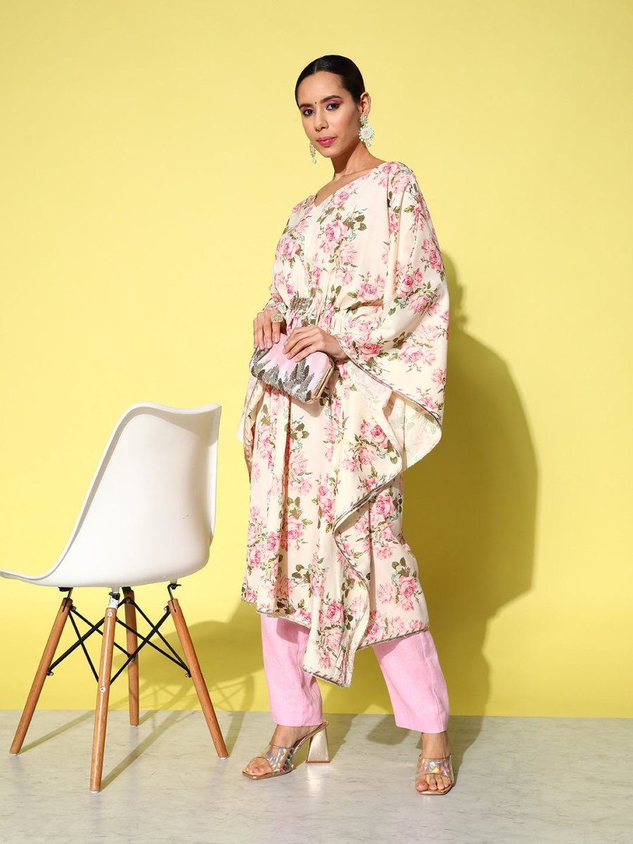 Ahalyaa Women Floral Printed Flared Sleeves Gotta Patti Floral Crepe Kaftan Kurta