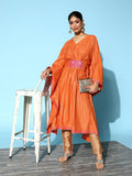 Ahalyaa Women Orange & Gold-Toned Striped Flared Sleeves Gotta Patti Crepe Kaftan Kurta