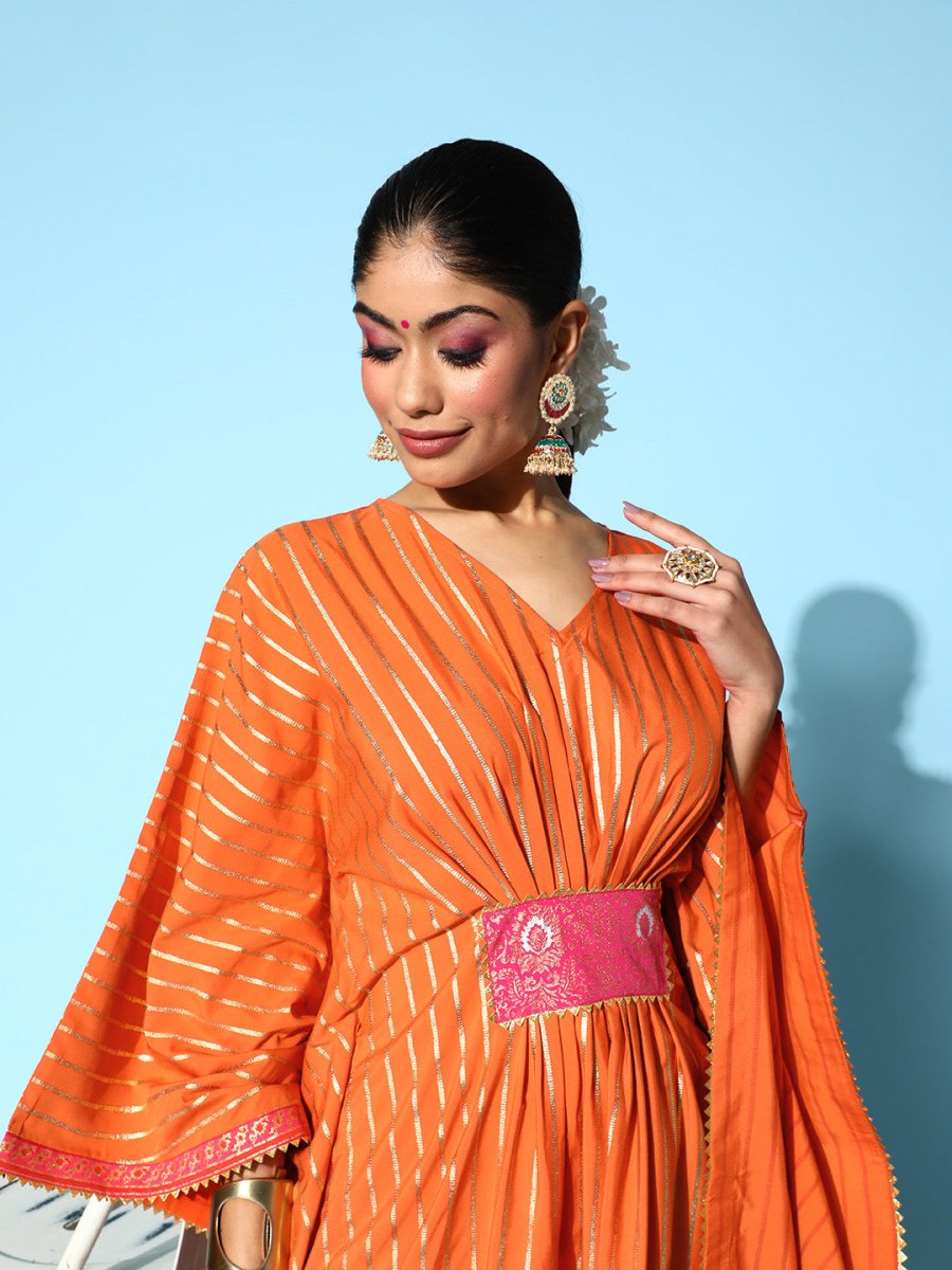Ahalyaa Women Orange & Gold-Toned Striped Flared Sleeves Gotta Patti Crepe Kaftan Kurta