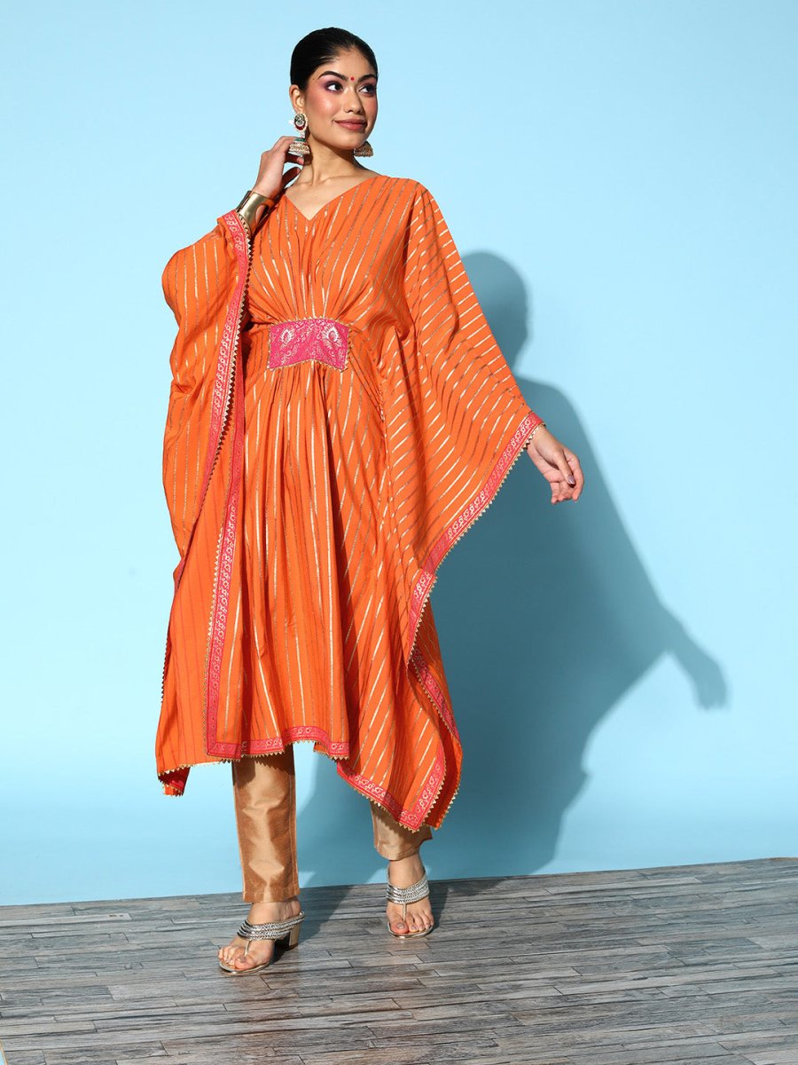 Ahalyaa Women Orange & Gold-Toned Striped Flared Sleeves Gotta Patti Crepe Kaftan Kurta