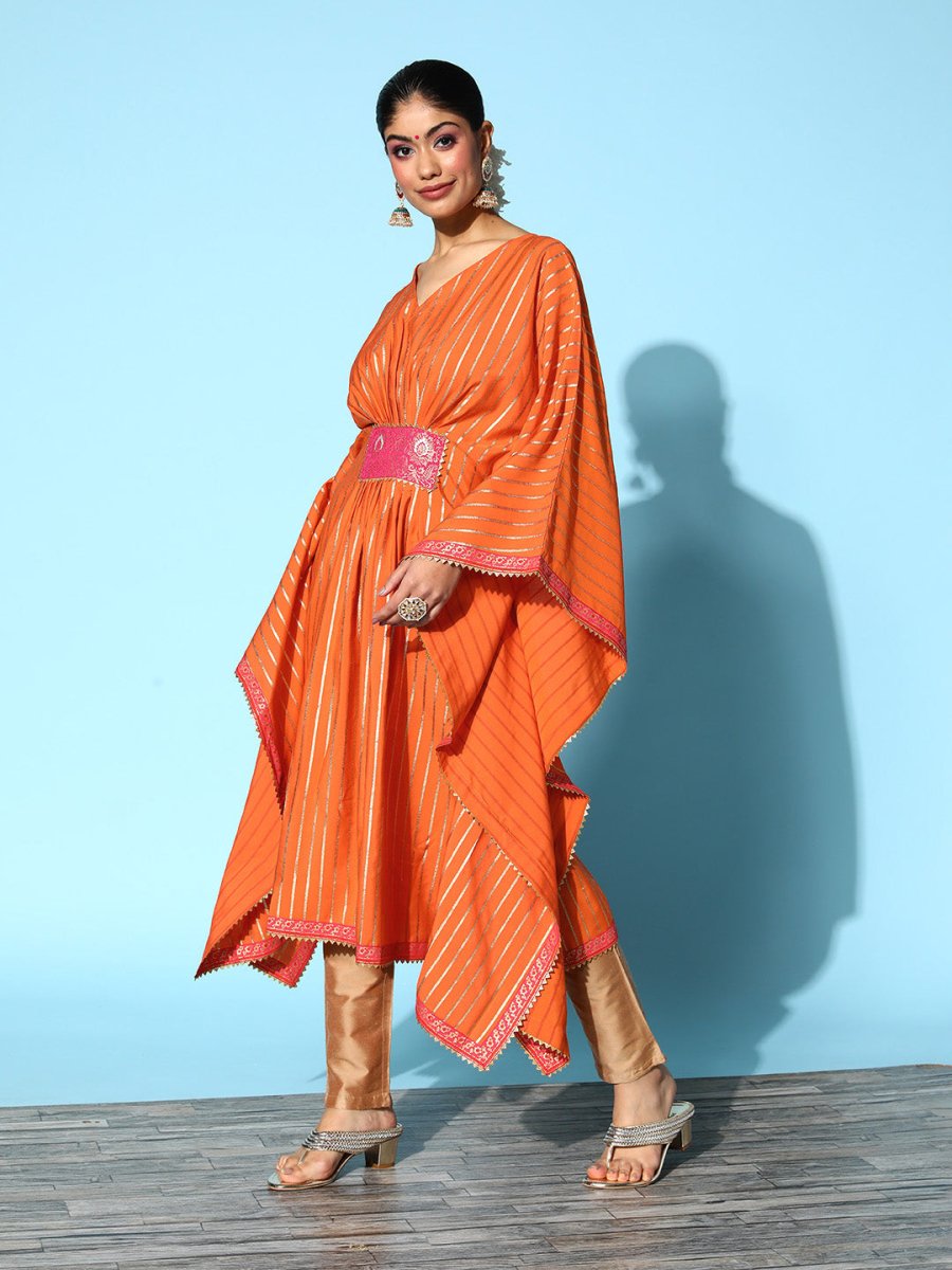 Ahalyaa Women Orange & Gold-Toned Striped Flared Sleeves Gotta Patti Crepe Kaftan Kurta