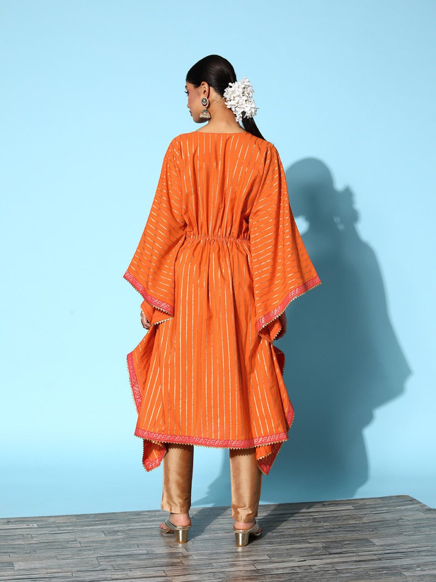 Ahalyaa Women Orange & Gold-Toned Striped Flared Sleeves Gotta Patti Crepe Kaftan Kurta