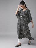Ahalyaa Women Black & White Printed Flared Sleeves Kaftan Kurta