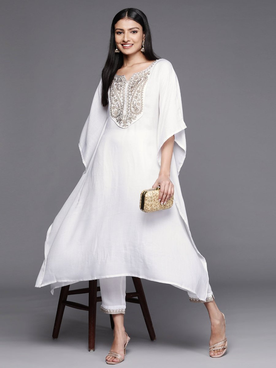 Ahalyaa Women White Yoke Design Aari Work Pashmina Kurta with Trousers