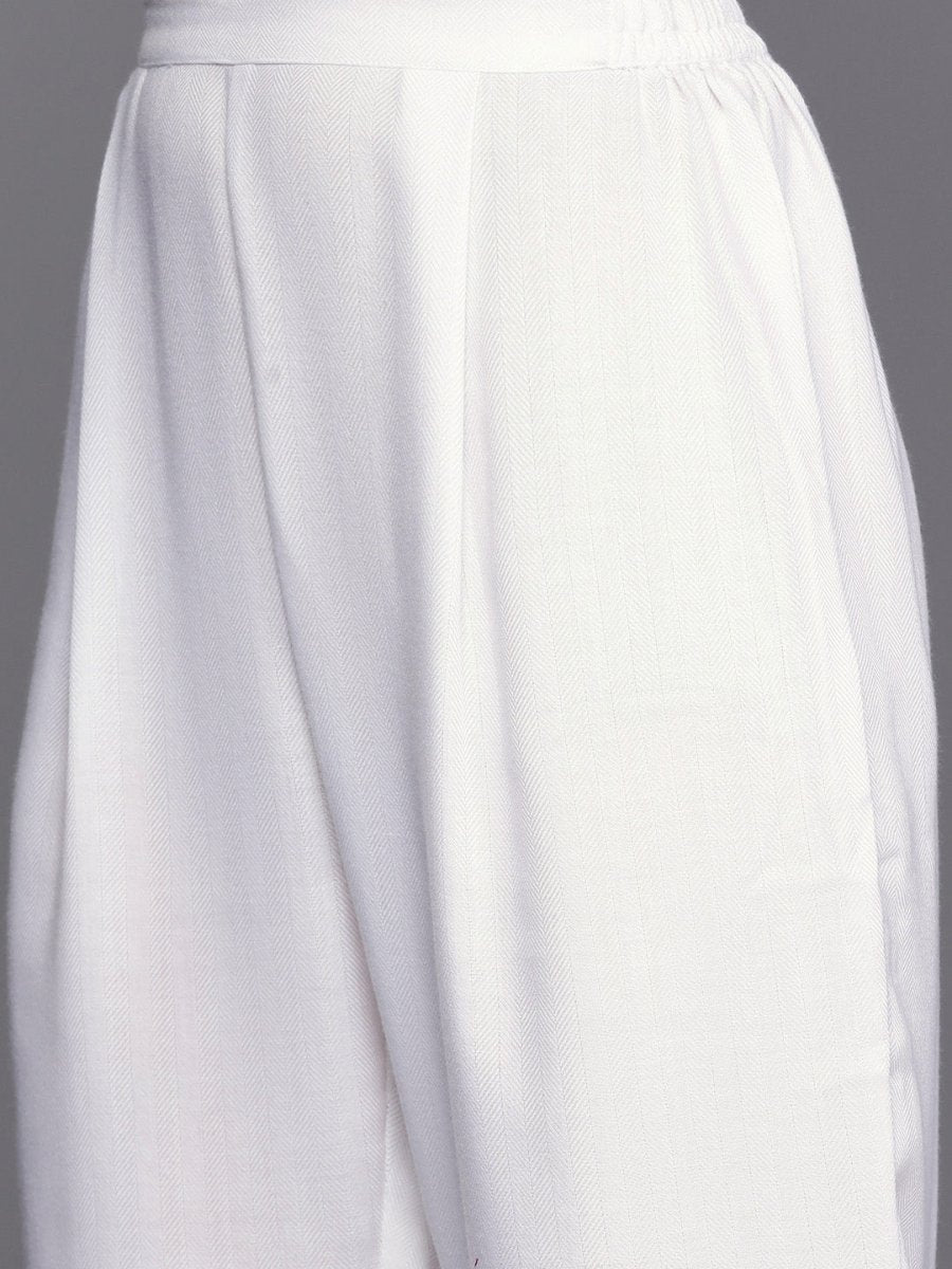 Ahalyaa Women White Yoke Design Aari Work Pashmina Kurta with Trousers