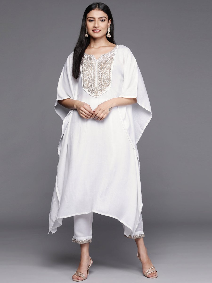 Ahalyaa Women White Yoke Design Aari Work Pashmina Kurta with Trousers