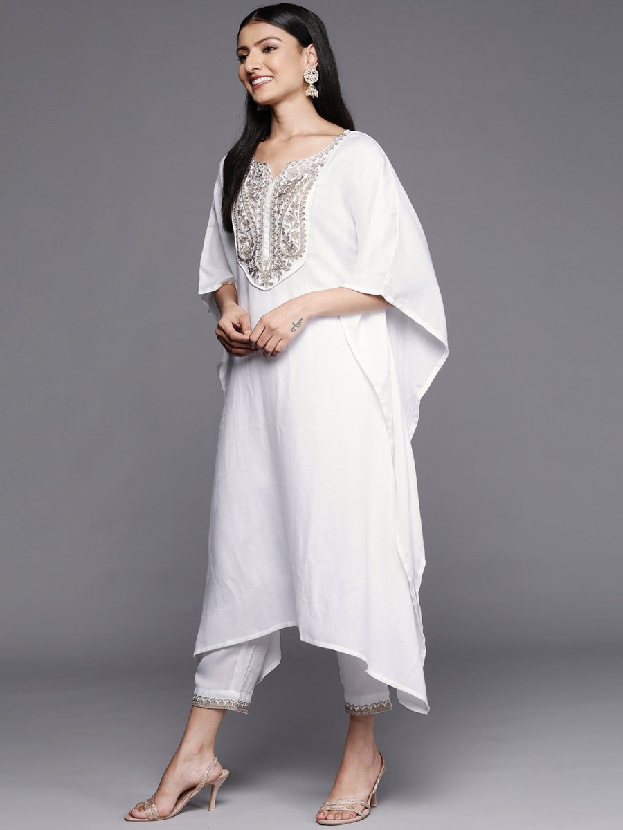 Ahalyaa Women White Yoke Design Aari Work Pashmina Kurta with Trousers