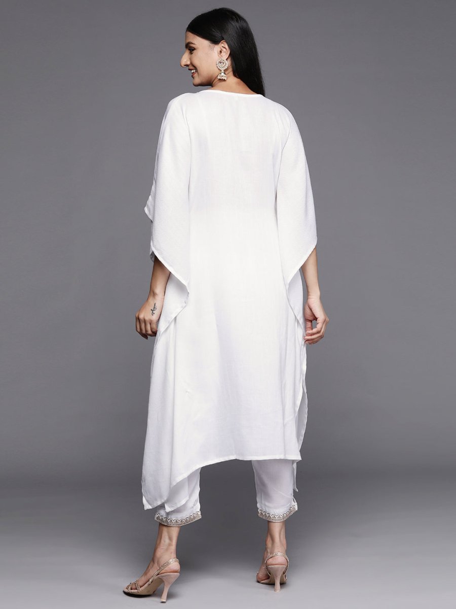 Ahalyaa Women White Yoke Design Aari Work Pashmina Kurta with Trousers