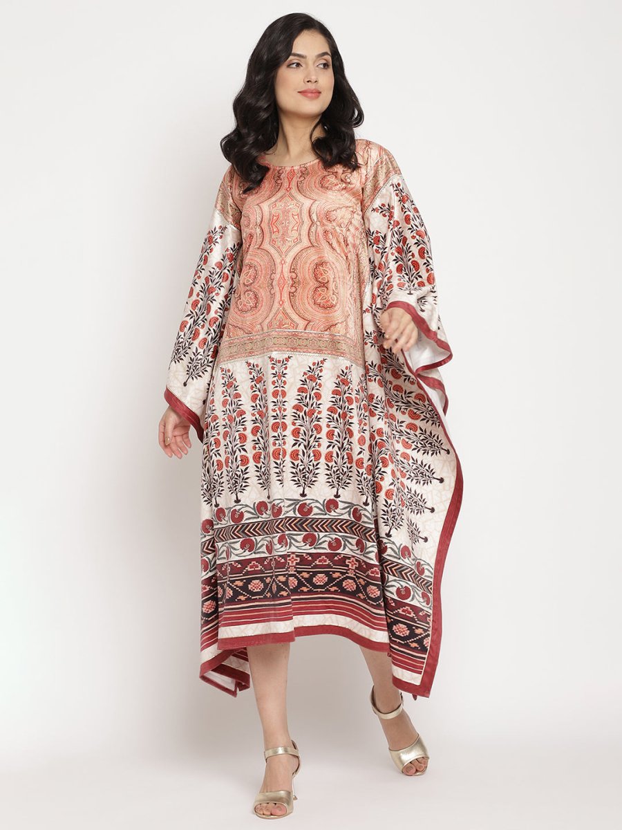 Ahalyaa Women's Beige Color Digital Print Velvet Kaftan