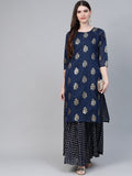 Ahalyaa Navy Blue & Golden Foil Printed Layered Maxi Dress