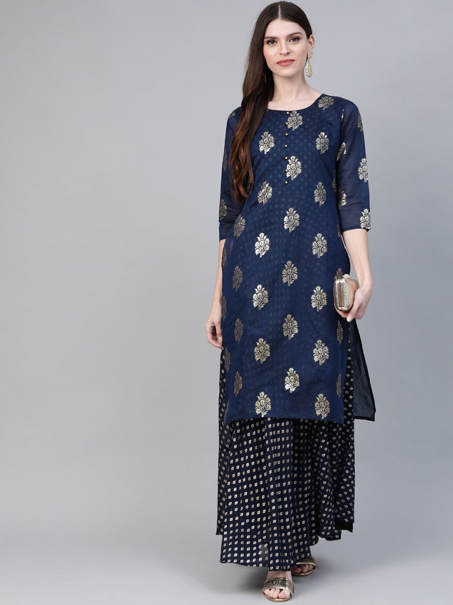 Ahalyaa Navy Blue & Golden Foil Printed Layered Maxi Dress