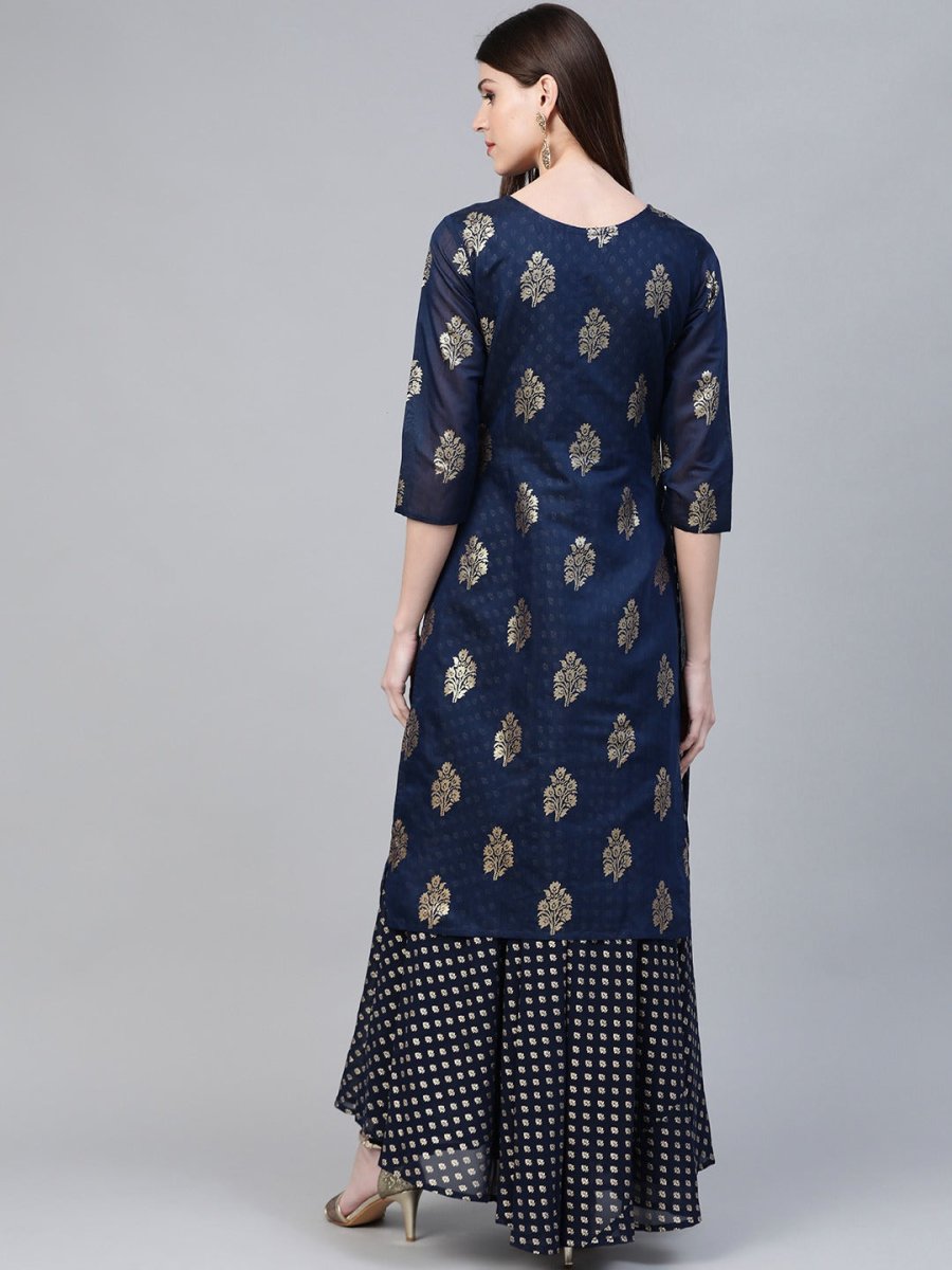 Ahalyaa Navy Blue & Golden Foil Printed Layered Maxi Dress