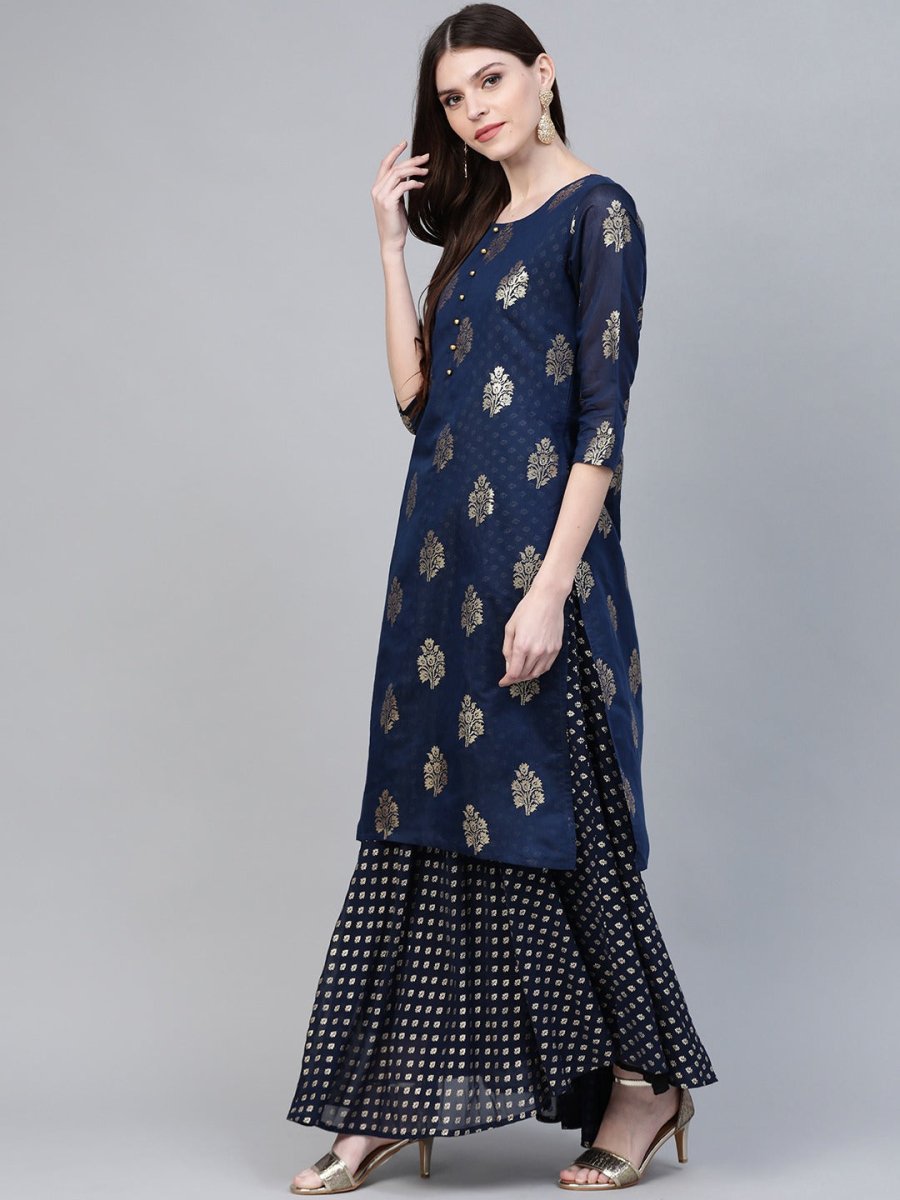 Ahalyaa Navy Blue & Golden Foil Printed Layered Maxi Dress