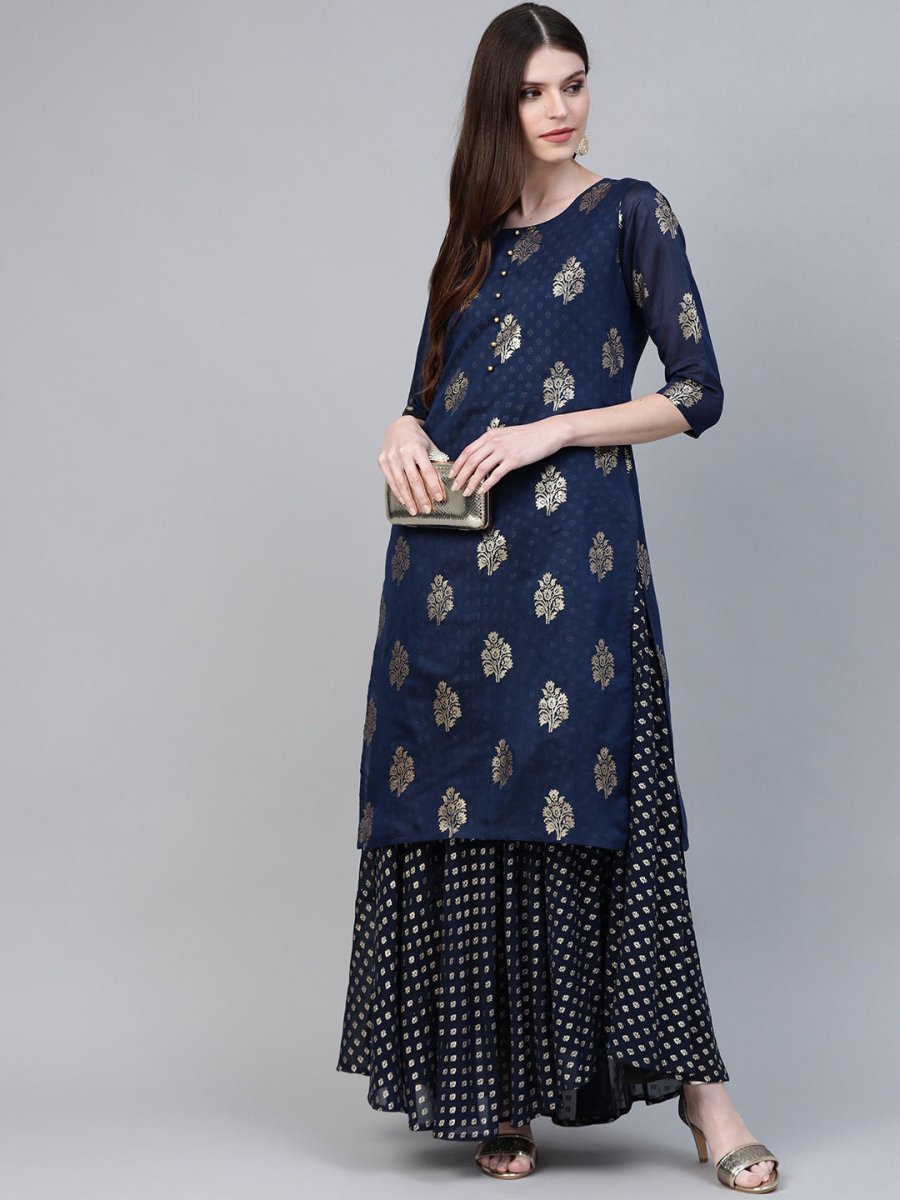 Ahalyaa Navy Blue & Golden Foil Printed Layered Maxi Dress