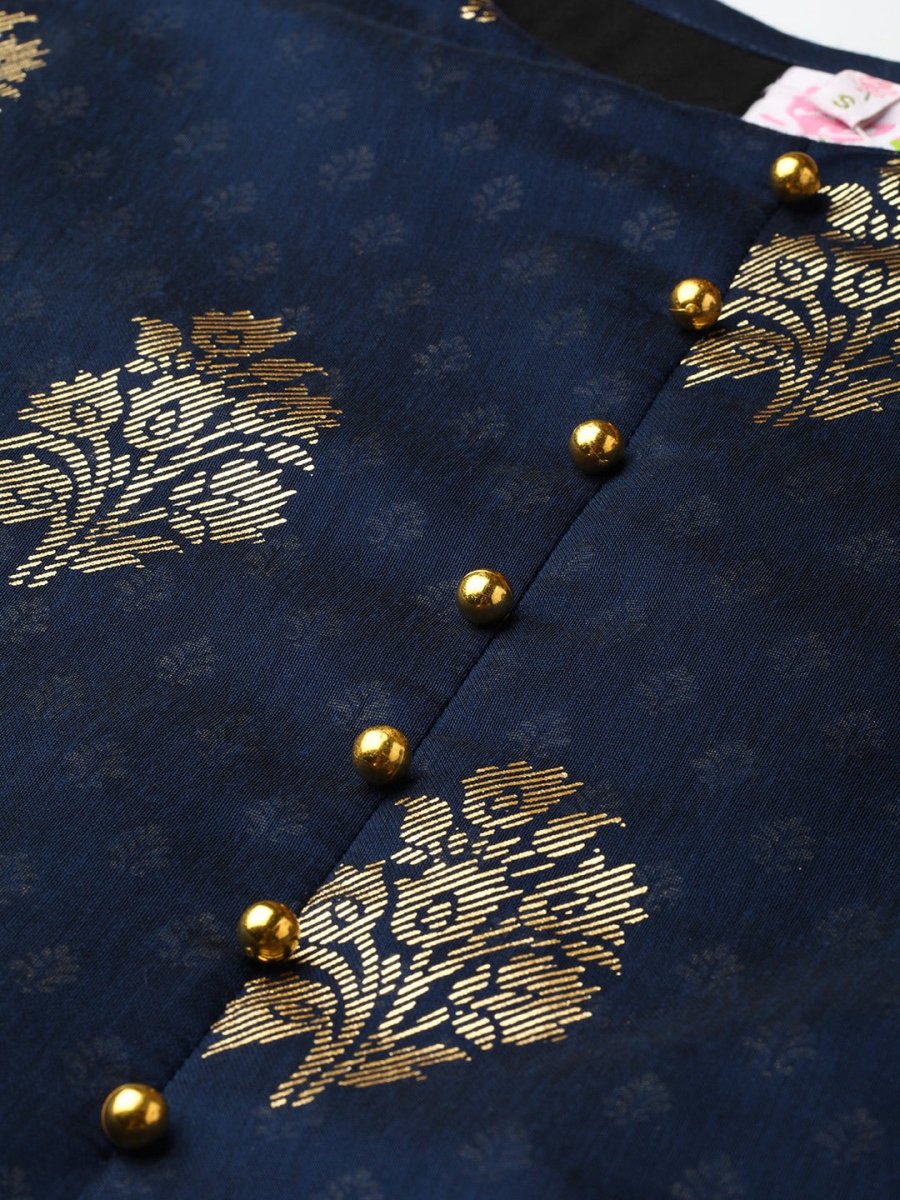 Ahalyaa Navy Blue & Golden Foil Printed Layered Maxi Dress