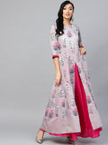 Ahalyaa Women Grey & Pink Floral Printed Layered Beautiful Maxi Dress