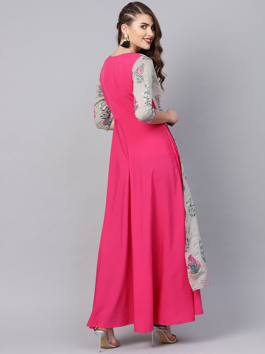 Ahalyaa Grey & Pink Floral Print Layered Anarkali Kurta