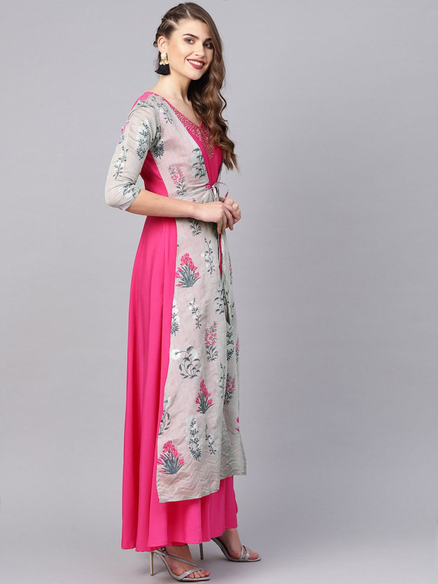 Ahalyaa Grey & Pink Floral Print Layered Anarkali Kurta