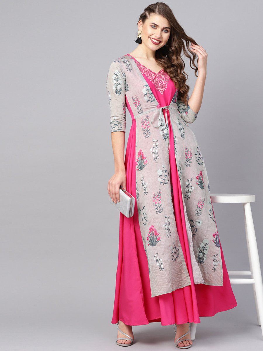 Ahalyaa Grey & Pink Floral Print Layered Anarkali Kurta