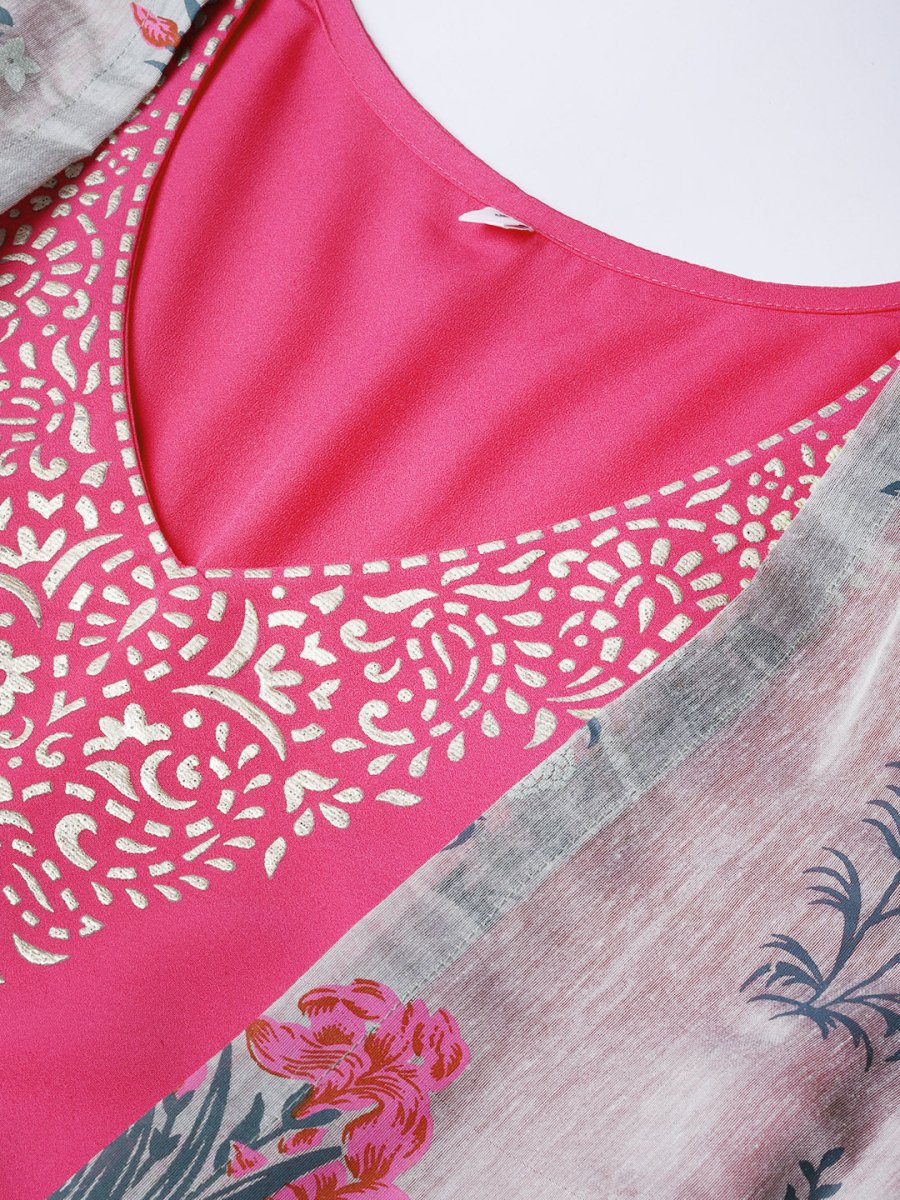 Ahalyaa Grey & Pink Floral Print Layered Anarkali Kurta