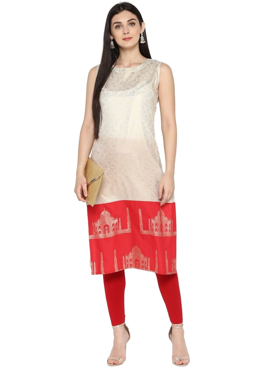 Ahalyaa Off White & Red Metallic Printed Straight Cotton Blend Kurta